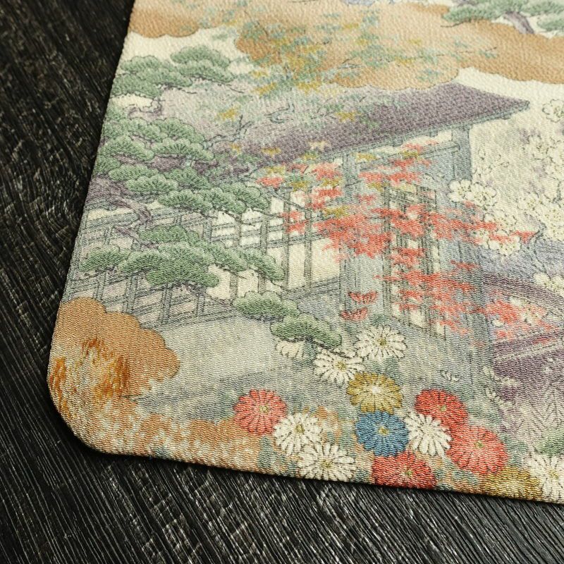 小紋 縮緬 総柄 正絹 風景柄 袷仕立て 身丈161.5cm 裄丈65cm リサイクル着物 着物 松 菊 桜 ベージュ_画像20