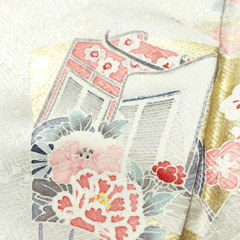 訪問着 絞り 綸子 一つ紋付き 正絹 古典柄 袷仕立て 身丈162.5cm 裄丈66cm リサイクル着物 着物 箔 入学式 卒業式 七五三 お宮参り フォーマル 上品 扇子 クリーム_画像7