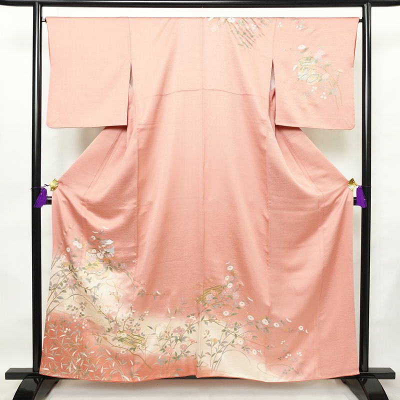 訪問着 良品 正絹 花柄 袷仕立て 身丈158.5cm 裄丈66.5cm リサイクル着物 着物 箔 金彩 入学式 結婚式 七五三 お宮参り フォーマル 華やか 四季花 ピンク_画像1