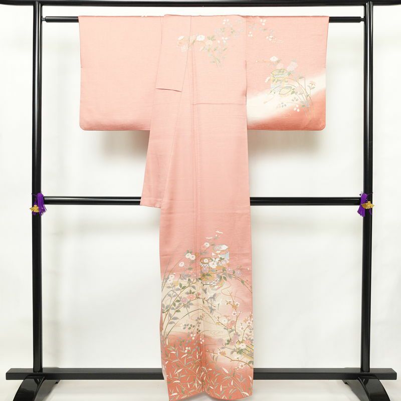 訪問着 良品 正絹 花柄 袷仕立て 身丈158.5cm 裄丈66.5cm リサイクル着物 着物 箔 金彩 入学式 結婚式 七五三 お宮参り フォーマル 華やか 四季花 ピンク_画像2