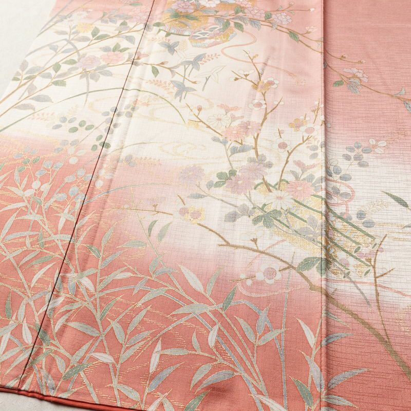 訪問着 良品 正絹 花柄 袷仕立て 身丈158.5cm 裄丈66.5cm リサイクル着物 着物 箔 金彩 入学式 結婚式 七五三 お宮参り フォーマル 華やか 四季花 ピンク_画像4