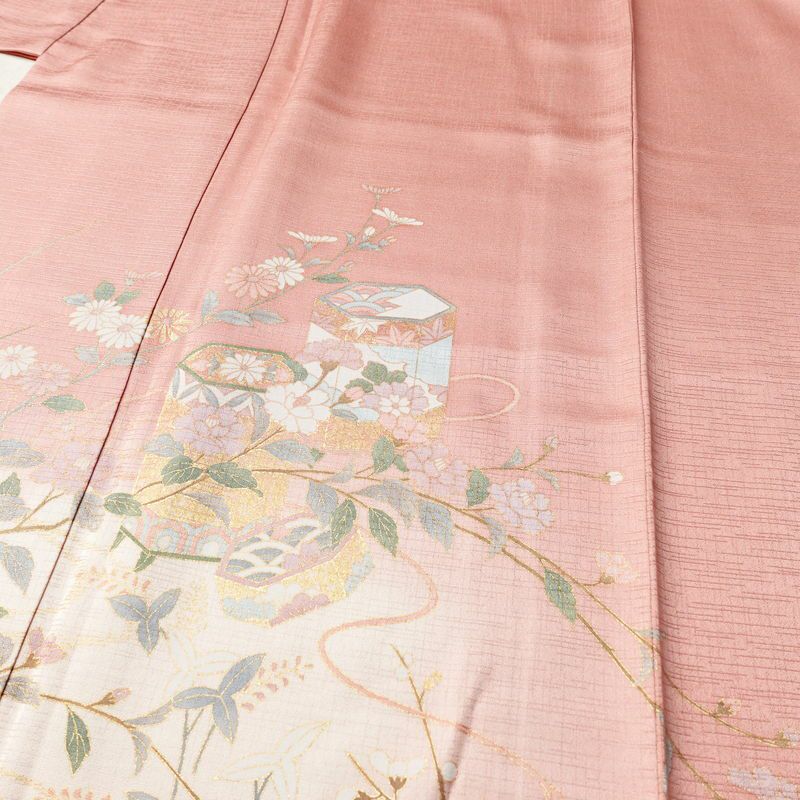 訪問着 良品 正絹 花柄 袷仕立て 身丈158.5cm 裄丈66.5cm リサイクル着物 着物 箔 金彩 入学式 結婚式 七五三 お宮参り フォーマル 華やか 四季花 ピンク_画像5