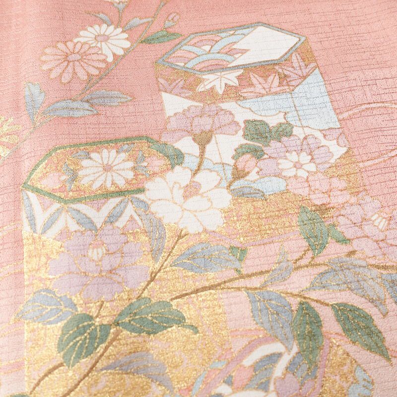 訪問着 良品 正絹 花柄 袷仕立て 身丈158.5cm 裄丈66.5cm リサイクル着物 着物 箔 金彩 入学式 結婚式 七五三 お宮参り フォーマル 華やか 四季花 ピンク_画像7