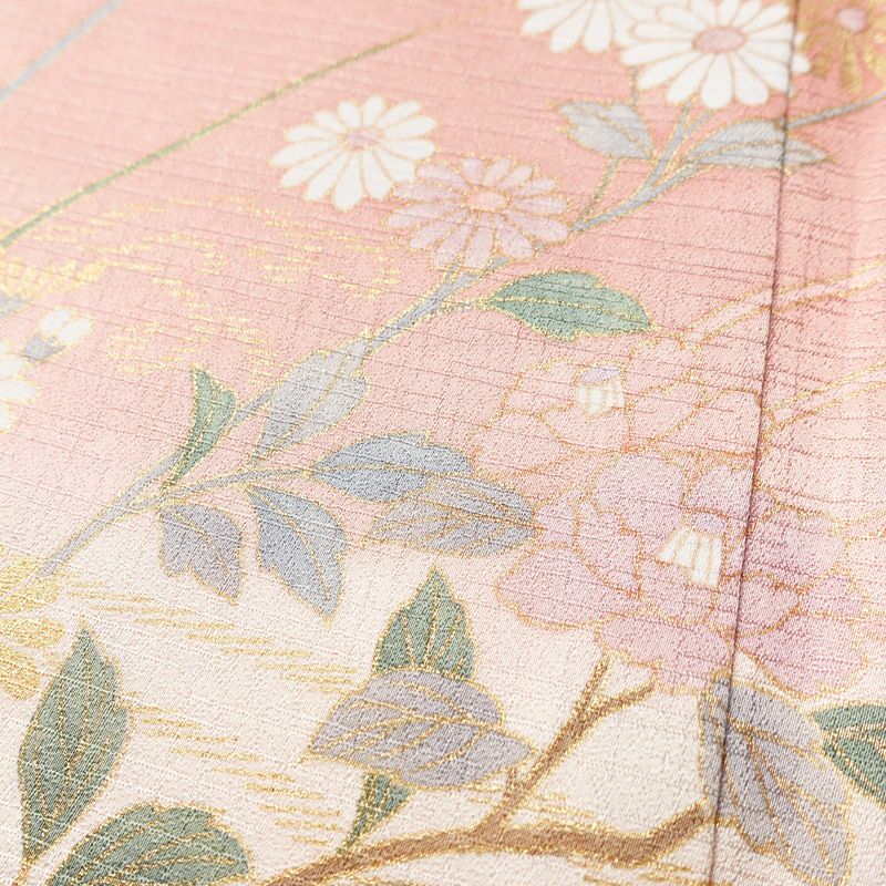 訪問着 良品 正絹 花柄 袷仕立て 身丈158.5cm 裄丈66.5cm リサイクル着物 着物 箔 金彩 入学式 結婚式 七五三 お宮参り フォーマル 華やか 四季花 ピンク_画像8