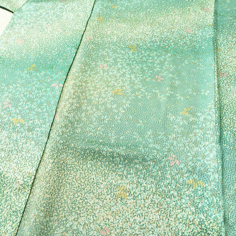 小紋 総柄 正絹 木の葉・植物柄 袷仕立て 身丈154cm 裄丈65cm リサイクル着物 街着 こもん 着物 緑・うぐいす色_画像5