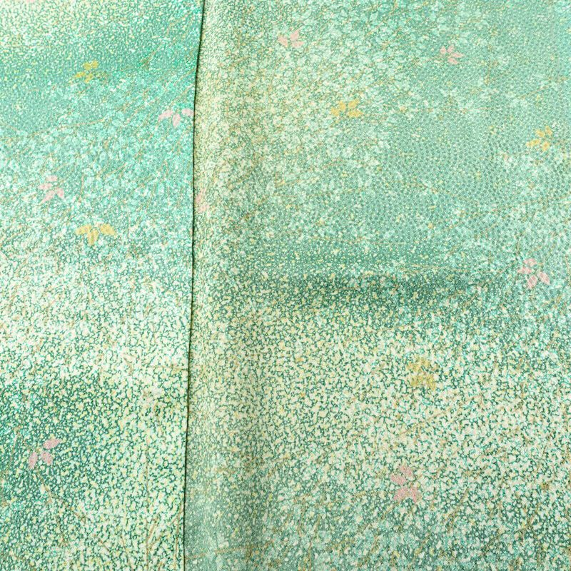 小紋 総柄 正絹 木の葉・植物柄 袷仕立て 身丈154cm 裄丈65cm リサイクル着物 街着 こもん 着物 緑・うぐいす色_画像6