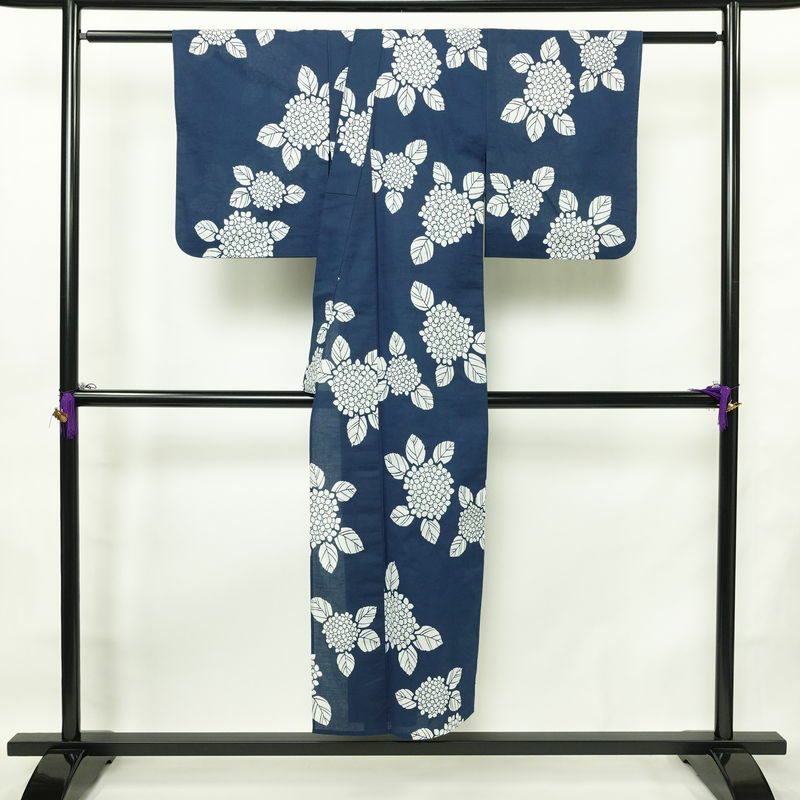 浴衣 バチ衿仕立て 紫陽花 綿 花柄 単衣仕立て 身丈146cm 裄丈64cm シンプル 夏用 青・紺_画像2