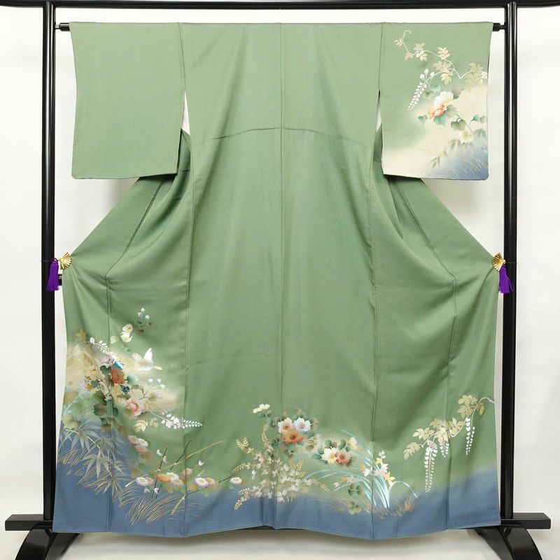 訪問着 良品 正絹 花柄 袷仕立て 身丈159.5cm 裄丈64.5cm リサイクル着物 着物 箔 金彩 入学式 卒業式 結婚式 七五三 パーティー お宮参り フォーマル 華やか 色箔 緑・うぐいす色_画像1