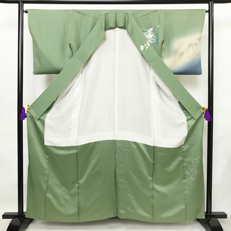 訪問着 良品 正絹 花柄 袷仕立て 身丈159.5cm 裄丈64.5cm リサイクル着物 着物 箔 金彩 入学式 卒業式 結婚式 七五三 パーティー お宮参り フォーマル 華やか 色箔 緑・うぐいす色_画像3