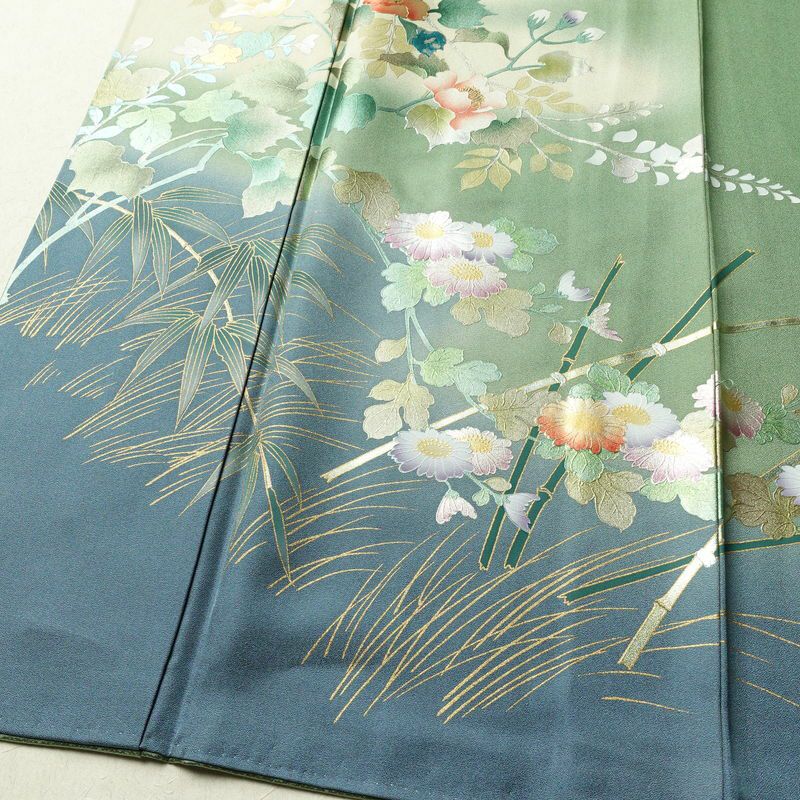 訪問着 良品 正絹 花柄 袷仕立て 身丈159.5cm 裄丈64.5cm リサイクル着物 着物 箔 金彩 入学式 卒業式 結婚式 七五三 パーティー お宮参り フォーマル 華やか 色箔 緑・うぐいす色_画像4