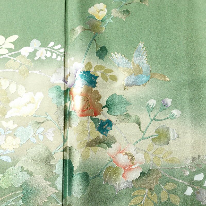 訪問着 良品 正絹 花柄 袷仕立て 身丈159.5cm 裄丈64.5cm リサイクル着物 着物 箔 金彩 入学式 卒業式 結婚式 七五三 パーティー お宮参り フォーマル 華やか 色箔 緑・うぐいす色_画像6