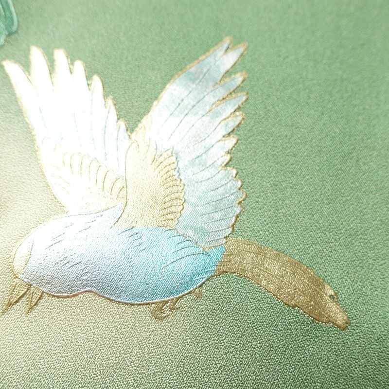 訪問着 良品 正絹 花柄 袷仕立て 身丈159.5cm 裄丈64.5cm リサイクル着物 着物 箔 金彩 入学式 卒業式 結婚式 七五三 パーティー お宮参り フォーマル 華やか 色箔 緑・うぐいす色_画像8