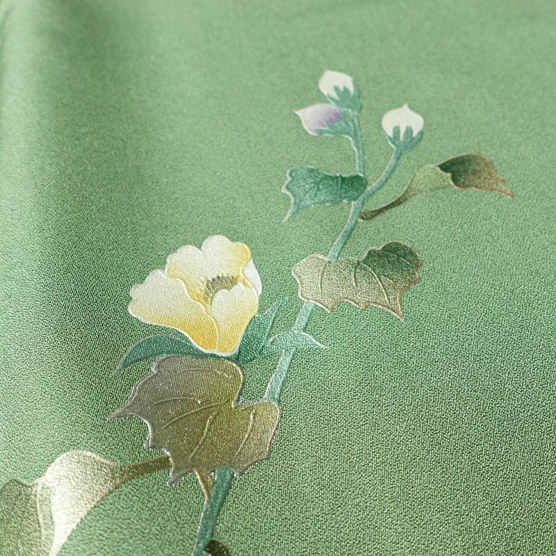 訪問着 良品 正絹 花柄 袷仕立て 身丈159.5cm 裄丈64.5cm リサイクル着物 着物 箔 金彩 入学式 卒業式 結婚式 七五三 パーティー お宮参り フォーマル 華やか 色箔 緑・うぐいす色_画像9