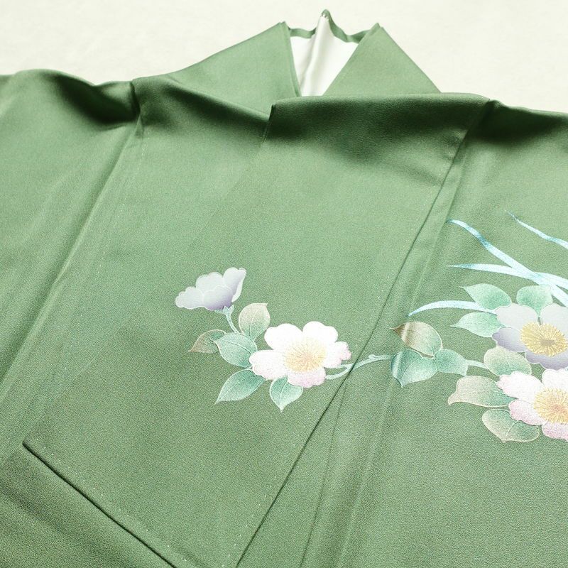 訪問着 良品 正絹 花柄 袷仕立て 身丈159.5cm 裄丈64.5cm リサイクル着物 着物 箔 金彩 入学式 卒業式 結婚式 七五三 パーティー お宮参り フォーマル 華やか 色箔 緑・うぐいす色_画像17