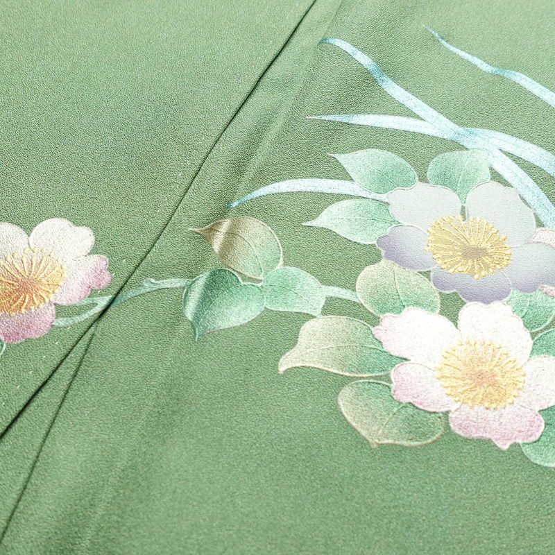 訪問着 良品 正絹 花柄 袷仕立て 身丈159.5cm 裄丈64.5cm リサイクル着物 着物 箔 金彩 入学式 卒業式 結婚式 七五三 パーティー お宮参り フォーマル 華やか 色箔 緑・うぐいす色_画像18