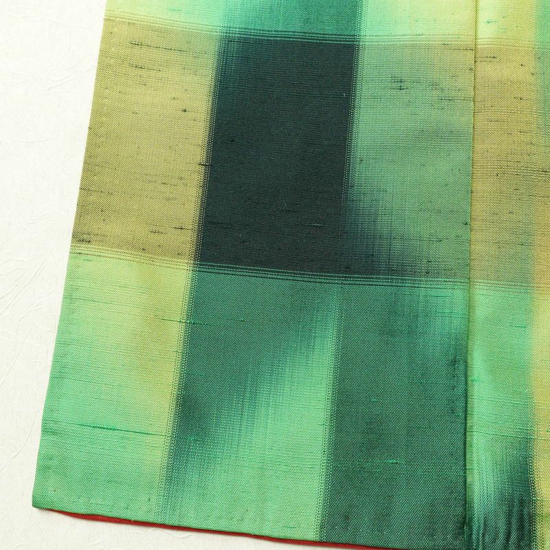 紬 正絹 チェック・格子柄 袷仕立て 身丈155cm 裄丈63cm リサイクル着物 着物 つむぎ モダン 緑・うぐいす色_画像13