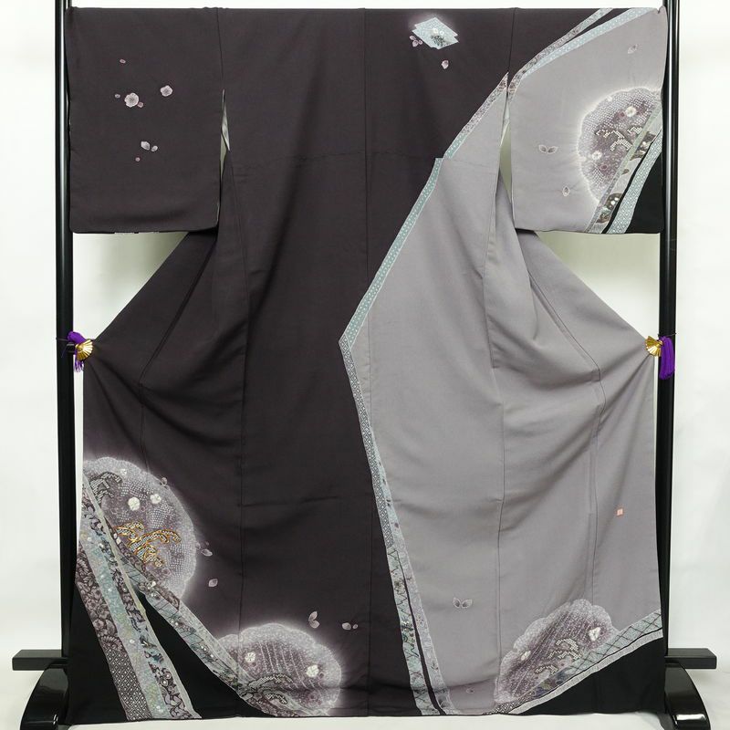 付け下げ 付下訪問着 良品 落款入り 金駒刺繍 縮緬 トールサイズ 正絹 古典柄 袷仕立て 身丈175cm 裄丈70cm リサイクル着物 着物 金彩 入学式 卒業式 七五三 パーティー フォーマル おしゃれ 紫・藤色_画像1