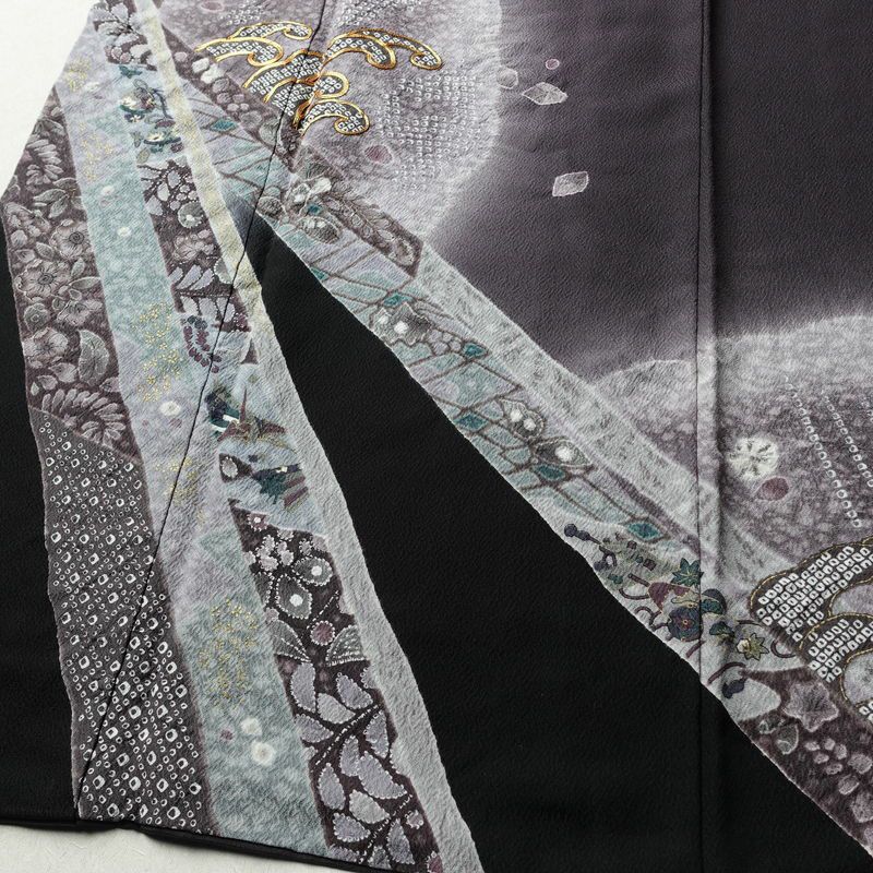 付け下げ 付下訪問着 良品 落款入り 金駒刺繍 縮緬 トールサイズ 正絹 古典柄 袷仕立て 身丈175cm 裄丈70cm リサイクル着物 着物 金彩 入学式 卒業式 七五三 パーティー フォーマル おしゃれ 紫・藤色_画像4