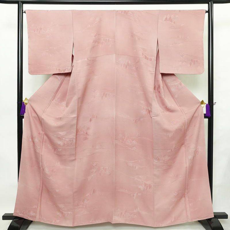 色無地 美品 しつけ糸付き 正絹 風景柄 袷仕立て 身丈162cm 裄丈66cm フォーマル 着物 くすみピンク お茶会 ピンク_画像1