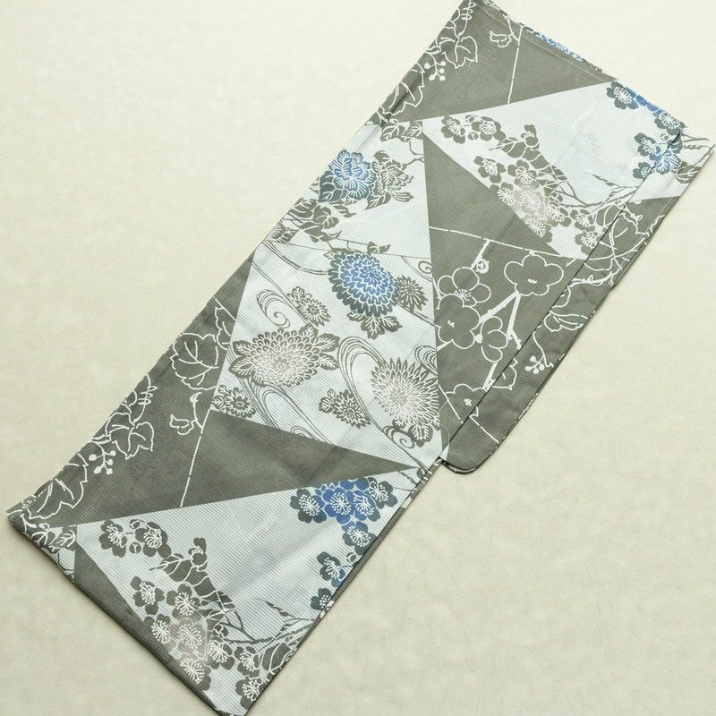 新品 浴衣 綿絽 国内染色 国内加工 女性用 絽 綿 グレー 花 しつけ糸付き 未使用品 ゆかた くすみカラー シック モダン しっとり_画像2