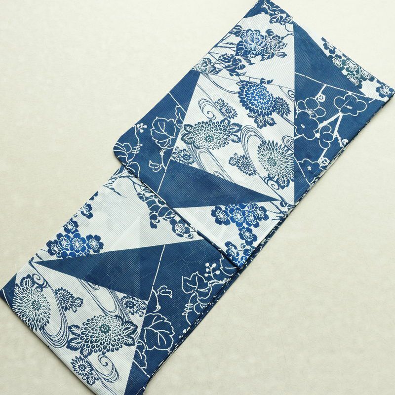 新品 浴衣 綿絽 国内染色 国内加工 女性用 絽 綿 ブルー 花 しつけ糸付き 未使用品 ゆかた レトロ シック モダン しっとり_画像1