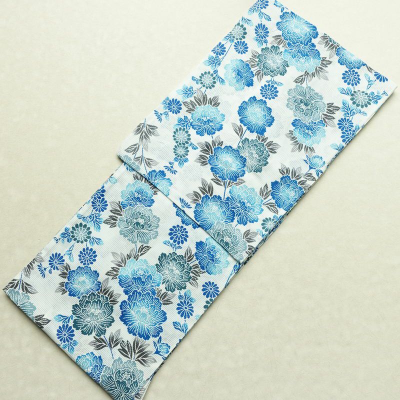 新品 浴衣 綿絽 国内染色 国内加工 女性用 絽 綿 ブルー 花 しつけ糸付き 未使用品 ゆかた 菊 シック モダン しっとり_画像1