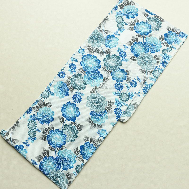 新品 浴衣 綿絽 国内染色 国内加工 女性用 絽 綿 ブルー 花 しつけ糸付き 未使用品 ゆかた 菊 シック モダン しっとり_画像2