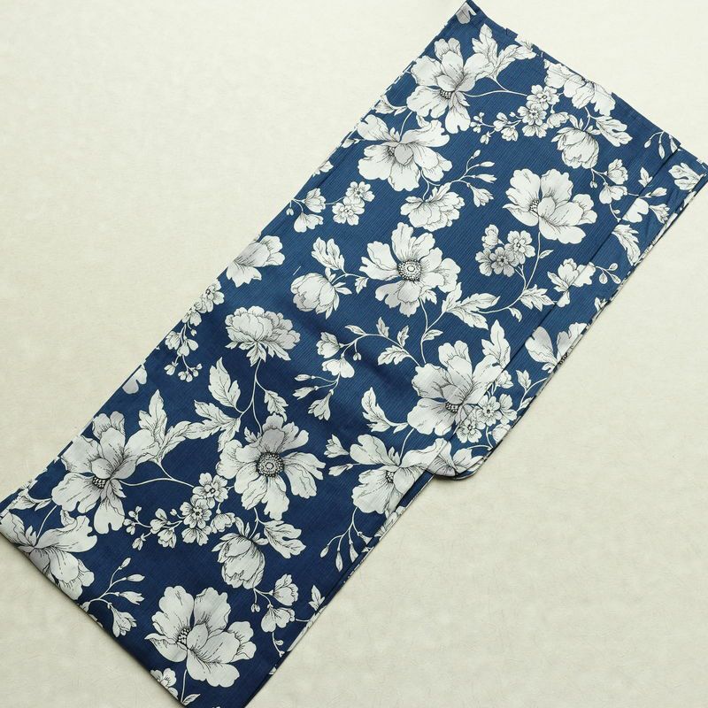 新品 浴衣 滝流れ織 国内染色 国内加工 女性用 綿 青 花 しつけ糸付き 未使用品 ゆかた レトロ シック モダン_画像2