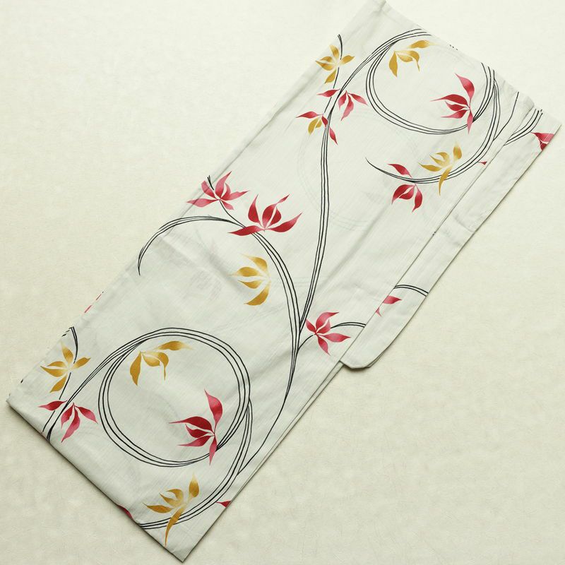 新品 浴衣 滝流れ織 国内染色 国内加工 女性用 綿 グレー 木の葉・植物 しつけ糸付き 未使用品 ゆかた レトロ シック モダン しっとり_画像2