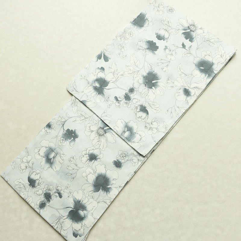 新品 浴衣 滝流れ織 国内染色 国内加工 女性用 綿 ライトグレー 花 しつけ糸付き 未使用品 ゆかた レトロ シック モダン_画像1