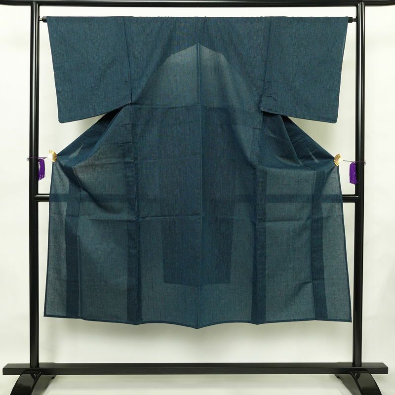 男性用 着物 良品 夏用 しつけ糸付き 混紡 その他の柄 単衣仕立て 身丈140cm 裄丈65cm リサイクル着物 着物 青・紺_画像1
