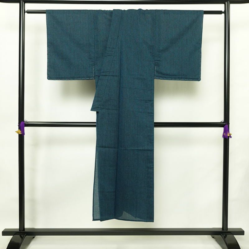 男性用 着物 良品 夏用 しつけ糸付き 混紡 その他の柄 単衣仕立て 身丈140cm 裄丈65cm リサイクル着物 着物 青・紺_画像2