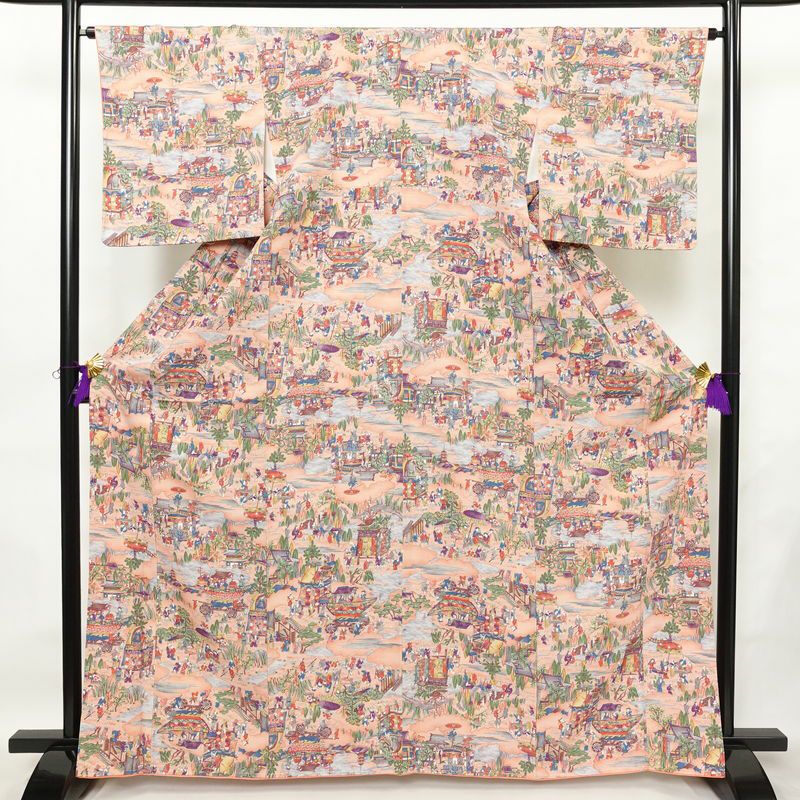 小紋 しつけ糸付き 総柄 正絹 風景柄 袷仕立て 身丈164.5cm 裄丈65cm リサイクル着物 着物 ピンク_画像1