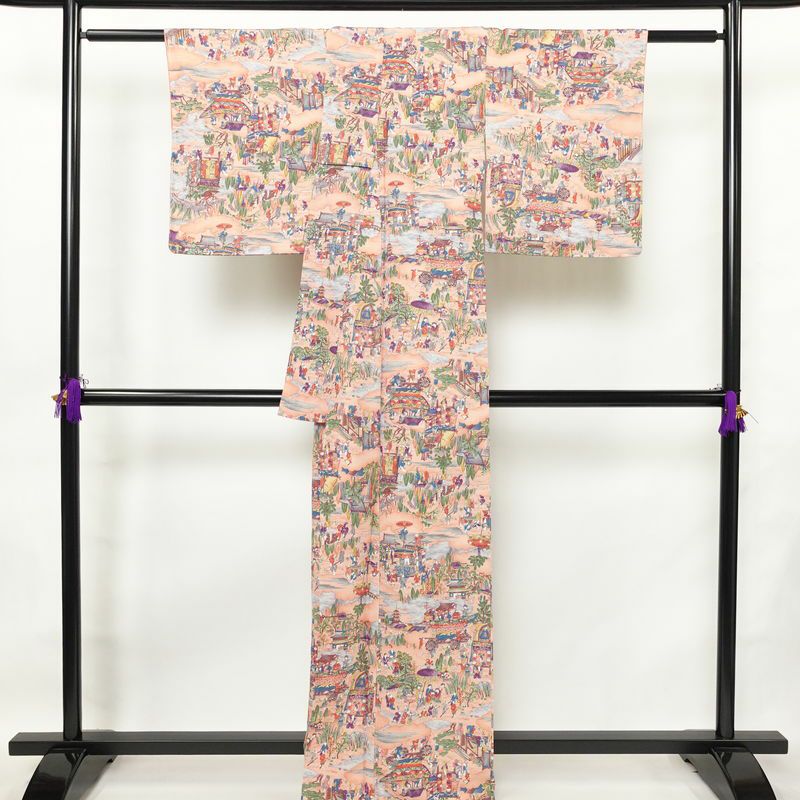 小紋 しつけ糸付き 総柄 正絹 風景柄 袷仕立て 身丈164.5cm 裄丈65cm リサイクル着物 着物 ピンク_画像2