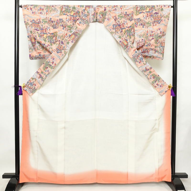 小紋 しつけ糸付き 総柄 正絹 風景柄 袷仕立て 身丈164.5cm 裄丈65cm リサイクル着物 着物 ピンク_画像3