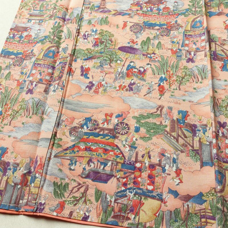 小紋 しつけ糸付き 総柄 正絹 風景柄 袷仕立て 身丈164.5cm 裄丈65cm リサイクル着物 着物 ピンク_画像4