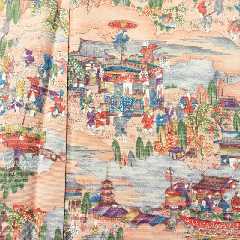 小紋 しつけ糸付き 総柄 正絹 風景柄 袷仕立て 身丈164.5cm 裄丈65cm リサイクル着物 着物 ピンク_画像6