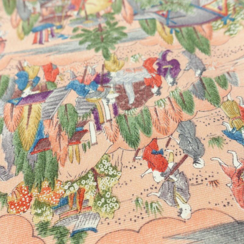 小紋 しつけ糸付き 総柄 正絹 風景柄 袷仕立て 身丈164.5cm 裄丈65cm リサイクル着物 着物 ピンク_画像9