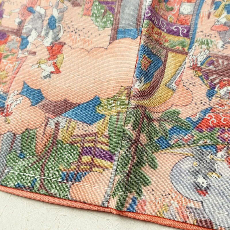 小紋 しつけ糸付き 総柄 正絹 風景柄 袷仕立て 身丈164.5cm 裄丈65cm リサイクル着物 着物 ピンク_画像12