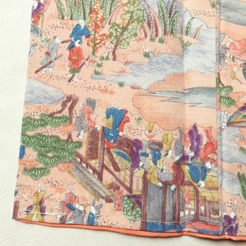 小紋 しつけ糸付き 総柄 正絹 風景柄 袷仕立て 身丈164.5cm 裄丈65cm リサイクル着物 着物 ピンク_画像13