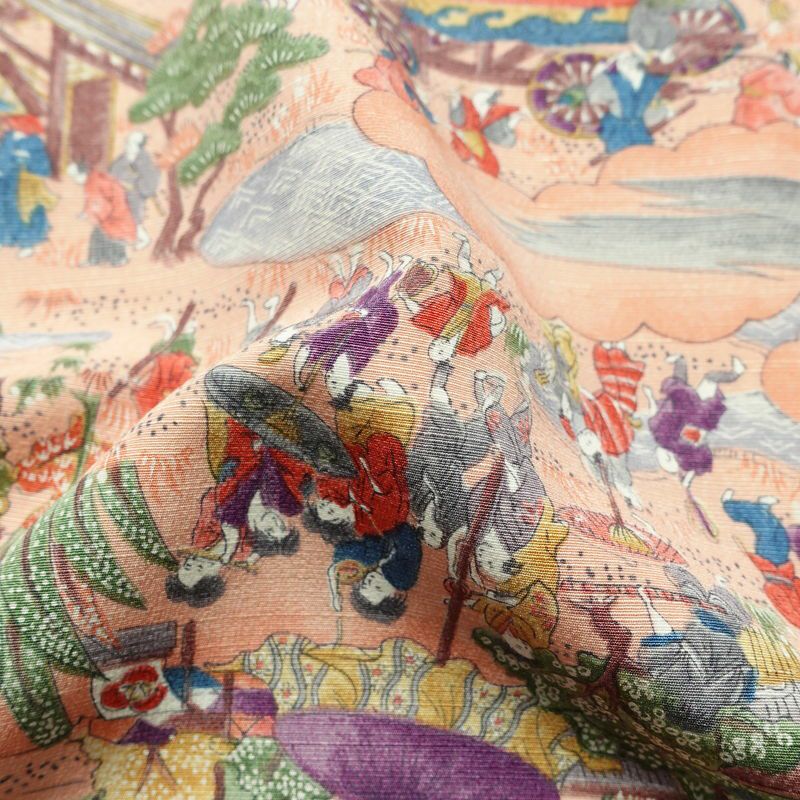 小紋 しつけ糸付き 総柄 正絹 風景柄 袷仕立て 身丈164.5cm 裄丈65cm リサイクル着物 着物 ピンク_画像19