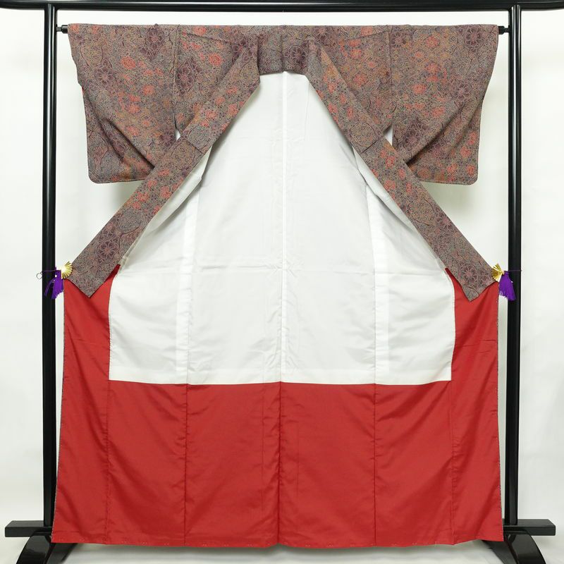 小紋 良品 しつけ糸付き 総柄 ポリエステル 幾何学柄・抽象柄 袷仕立て 身丈163.5cm 裄丈64cm リサイクル着物 着物 紫・藤色_画像3