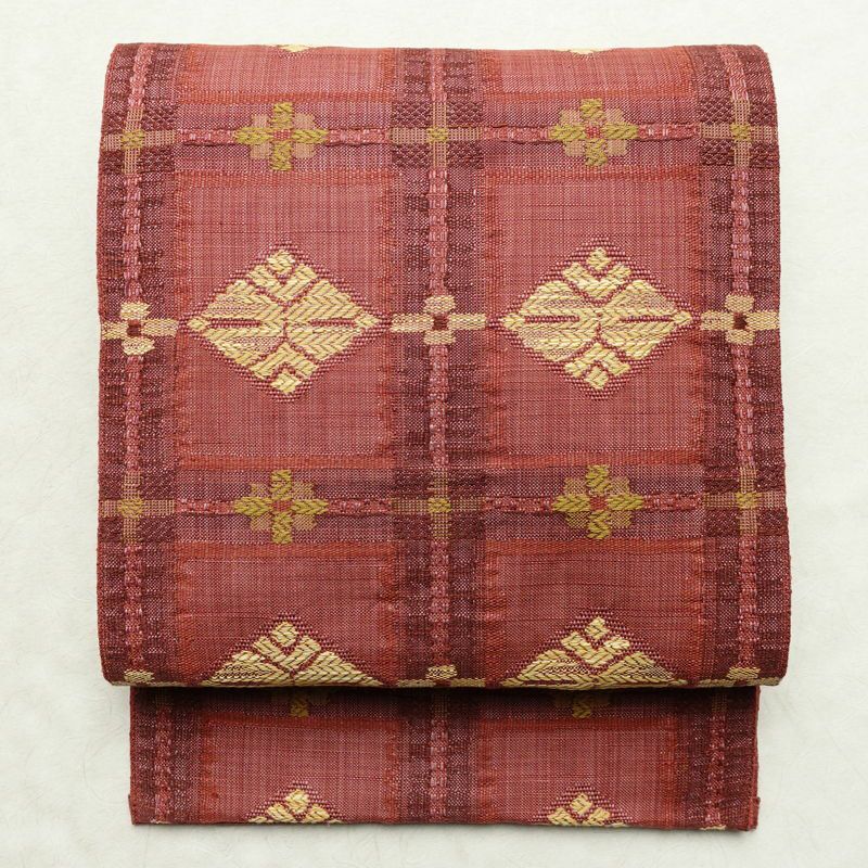 名古屋帯 六通柄 正絹 古典柄 通し仕立て なごや帯 リサイクル帯 帯 紬地 ピンク_画像1