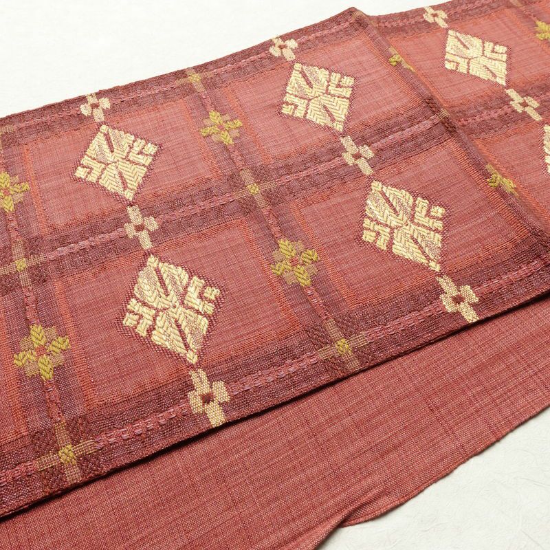 名古屋帯 六通柄 正絹 古典柄 通し仕立て なごや帯 リサイクル帯 帯 紬地 ピンク_画像10