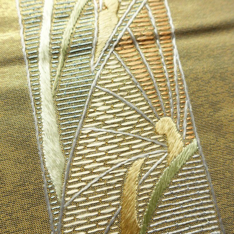 名古屋帯 太鼓柄 正絹 幾何学柄・抽象柄 通し仕立て なごや帯 リサイクル帯 帯 刺繍 引箔 グレー_画像5