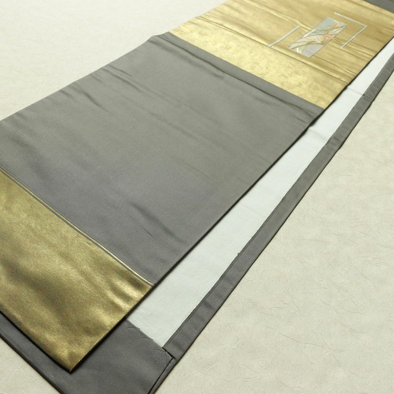 名古屋帯 太鼓柄 正絹 幾何学柄・抽象柄 通し仕立て なごや帯 リサイクル帯 帯 刺繍 引箔 グレー_画像8