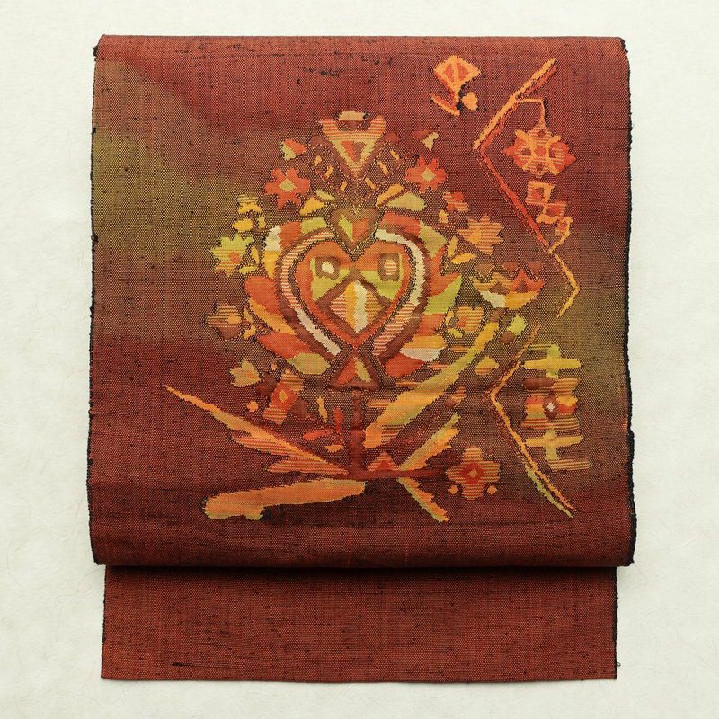 名古屋帯 太鼓柄 良品 正絹 幾何学柄・抽象柄 名古屋仕立て なごや帯 リサイクル帯 帯 紬地 赤・朱_画像1