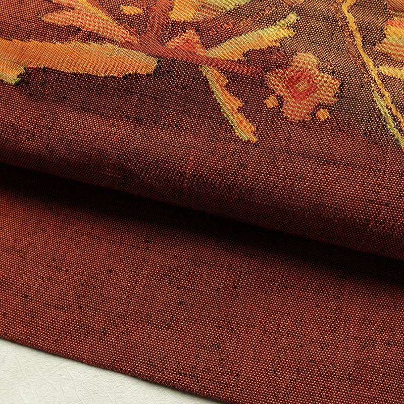 名古屋帯 太鼓柄 良品 正絹 幾何学柄・抽象柄 名古屋仕立て なごや帯 リサイクル帯 帯 紬地 赤・朱_画像7