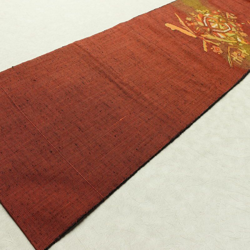 名古屋帯 太鼓柄 良品 正絹 幾何学柄・抽象柄 名古屋仕立て なごや帯 リサイクル帯 帯 紬地 赤・朱_画像8