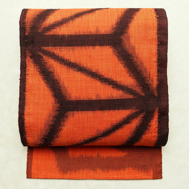 名古屋帯 太鼓柄 良品 正絹 麻の葉柄 通し仕立て なごや帯 リサイクル帯 帯 紬地 橙_画像1